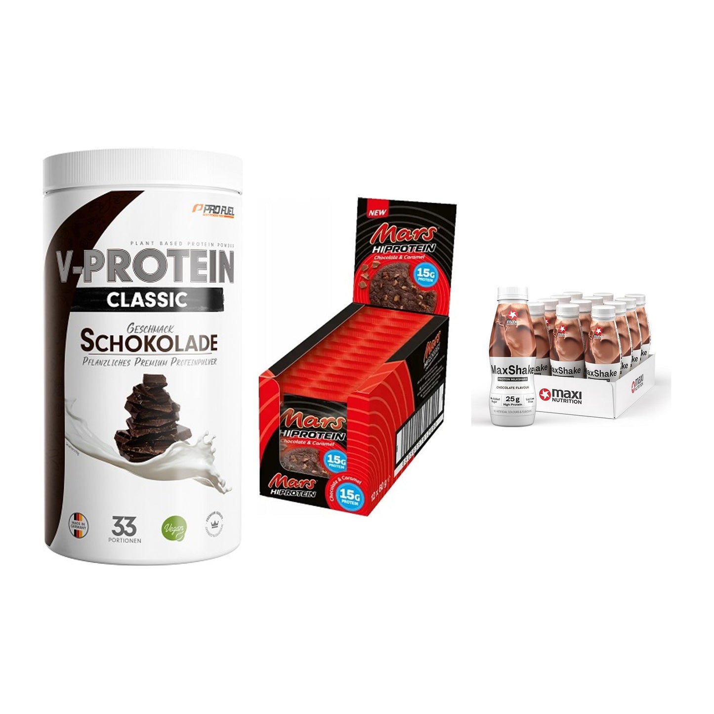 Schokolade Geschmacks-Trio: ProFuel + 3× Mars High + 2× MaxiNutritio – alle enthaltenen Artikel