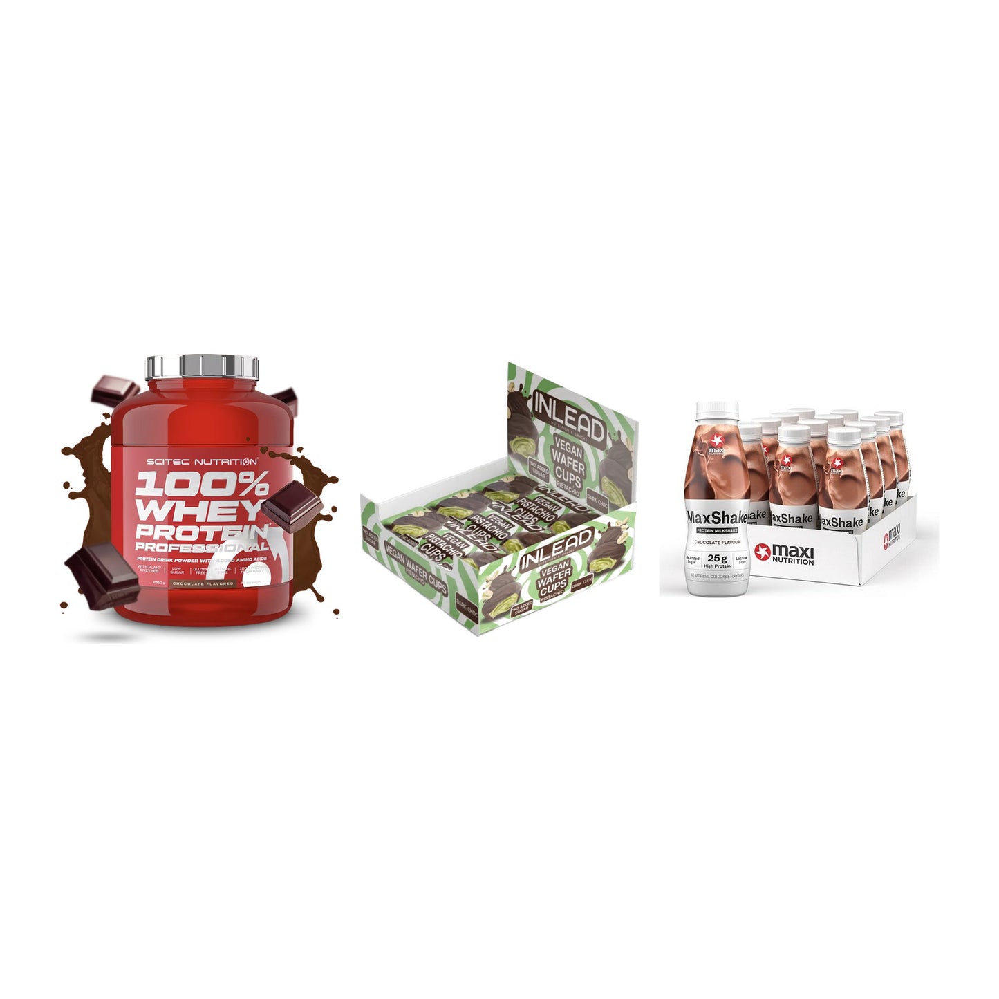 Schokolade Geschmacks-Trio: Scitec 100% + 3× INLEAD Wafer + 1 weitere – alle enthaltenen Artikel