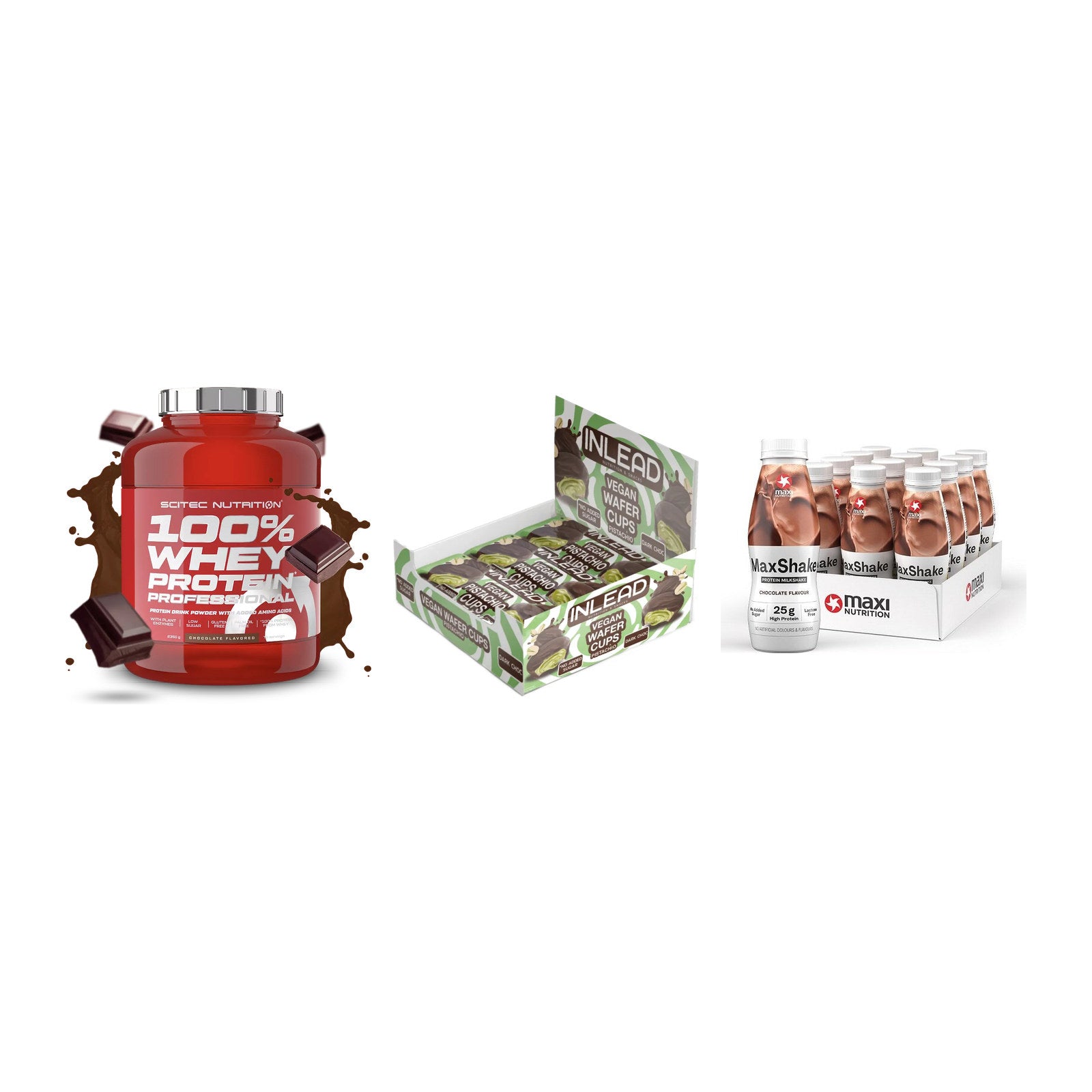 Schokolade Geschmacks-Trio: Scitec 100% + 3× INLEAD Wafer + 1 weitere – alle enthaltenen Artikel