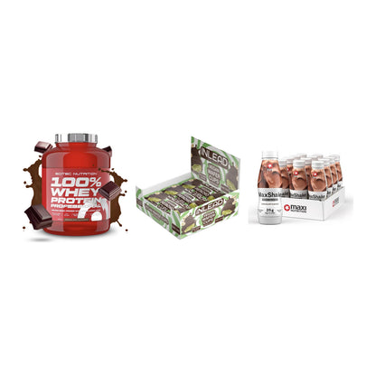Schokolade Geschmacks-Trio: Scitec 100% + 3× INLEAD Wafer + 1 weitere – alle enthaltenen Artikel