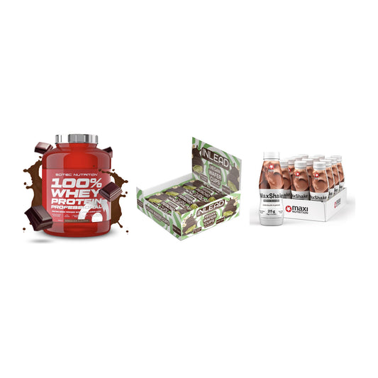Schokolade Geschmacks-Trio: Scitec 100% + 3× INLEAD Wafer + 1 weitere – alle enthaltenen Artikel