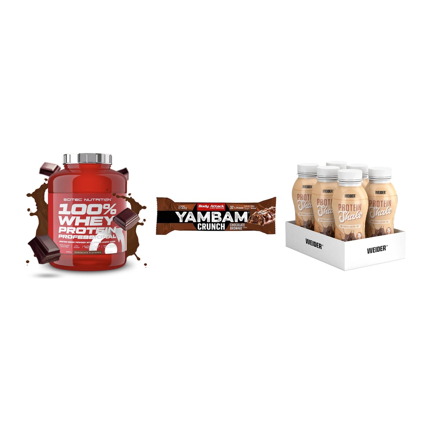 Schokolade Geschmacks-Trio: Scitec 100% + 3× Body Attack + 1 weitere – alle enthaltenen Artikel