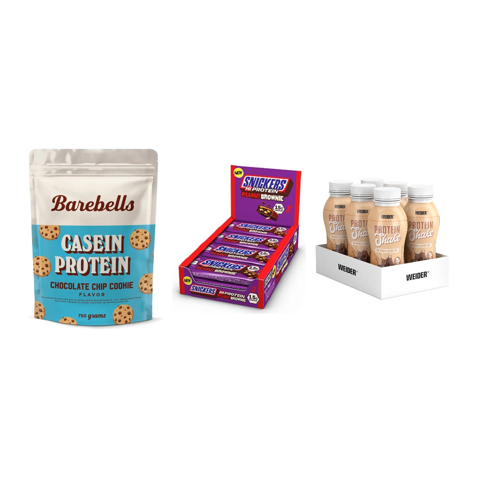 Schokolade Geschmacks-Trio: Barebells + 3× Snickers + 2× Weider PROTE – alle enthaltenen Artikel