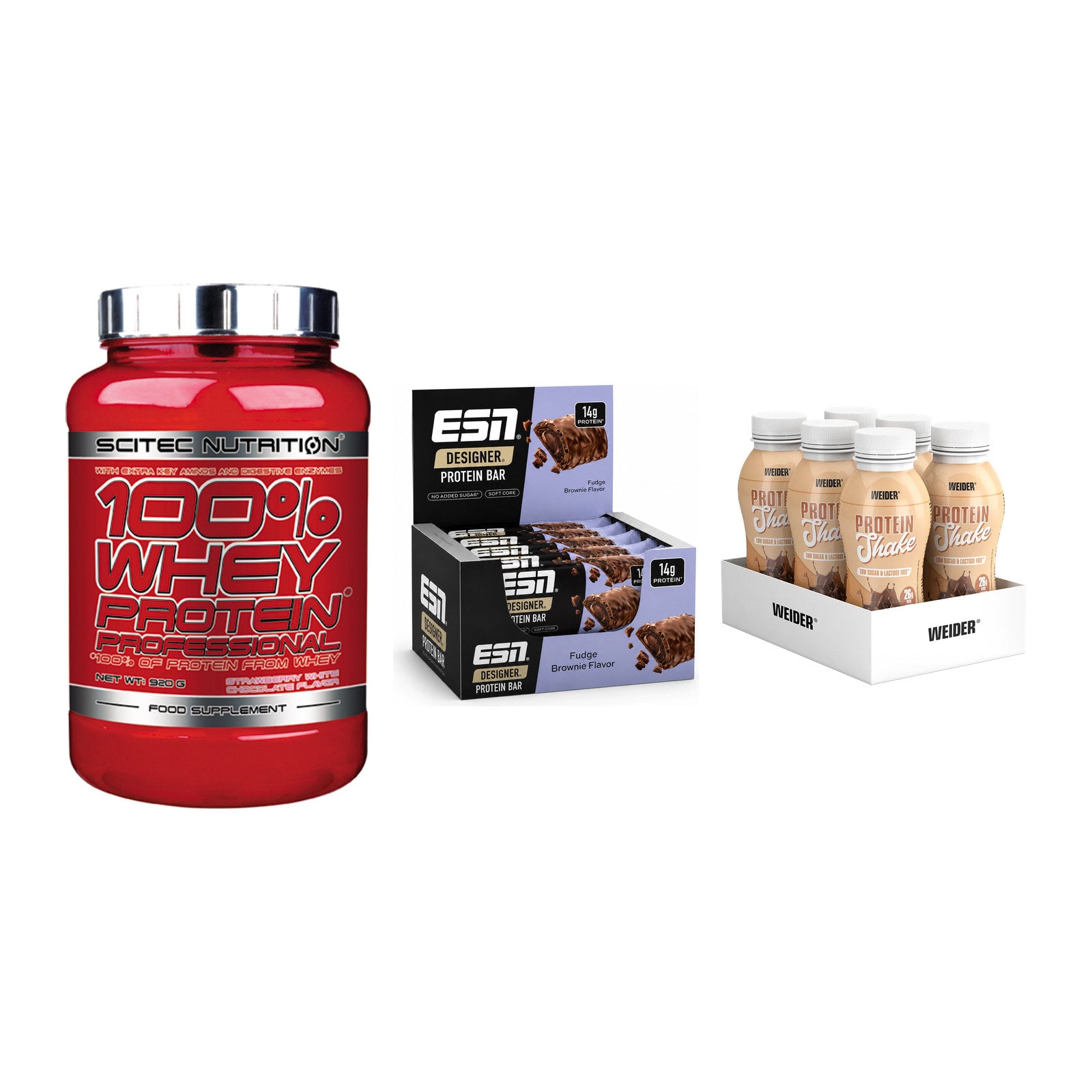 Schokolade Geschmacks-Trio: Scitec 100% + 3× ESN Designer + 1 weitere – alle enthaltenen Artikel