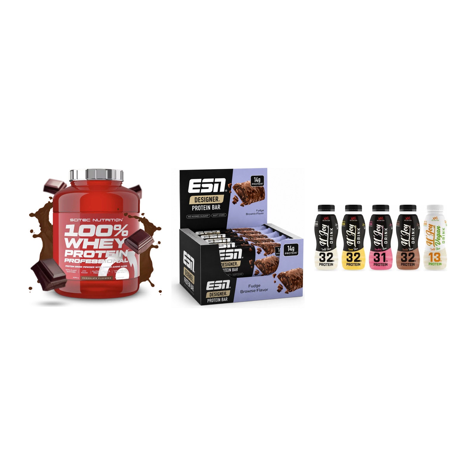 Schokolade Geschmacks-Trio: Scitec 100% + 3× ESN Designer + 1 weitere – alle enthaltenen Artikel