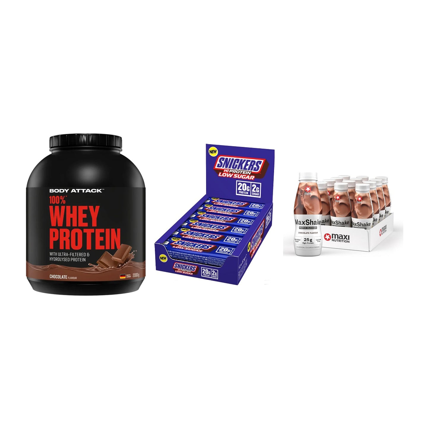 Schokolade Geschmacks-Trio: Body Attack + 3× Snickers LOW + 1 weitere – alle enthaltenen Artikel