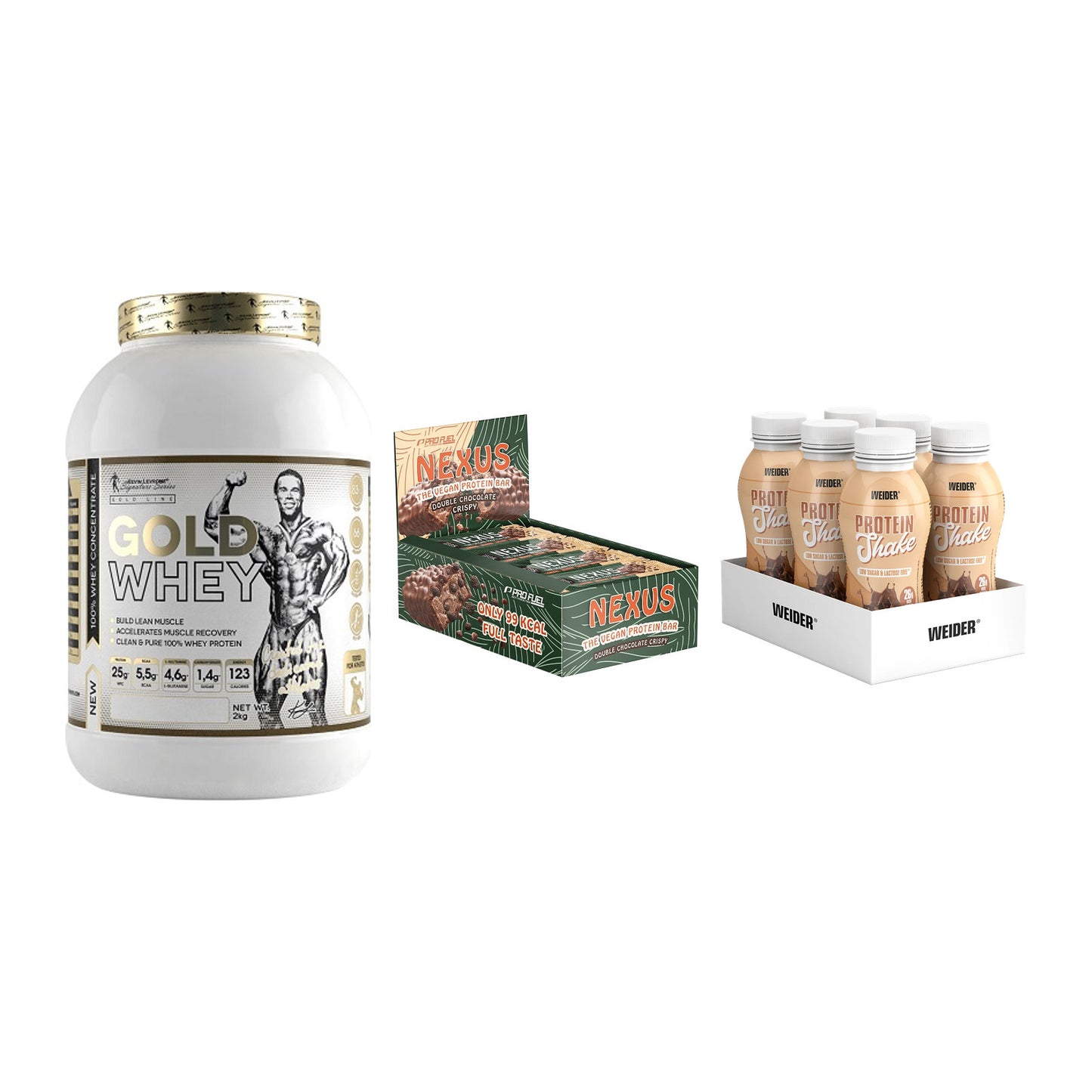 Schokolade Geschmacks-Trio: Kevin Levrone Gold Whey + 2 weitere – alle enthaltenen Artikel