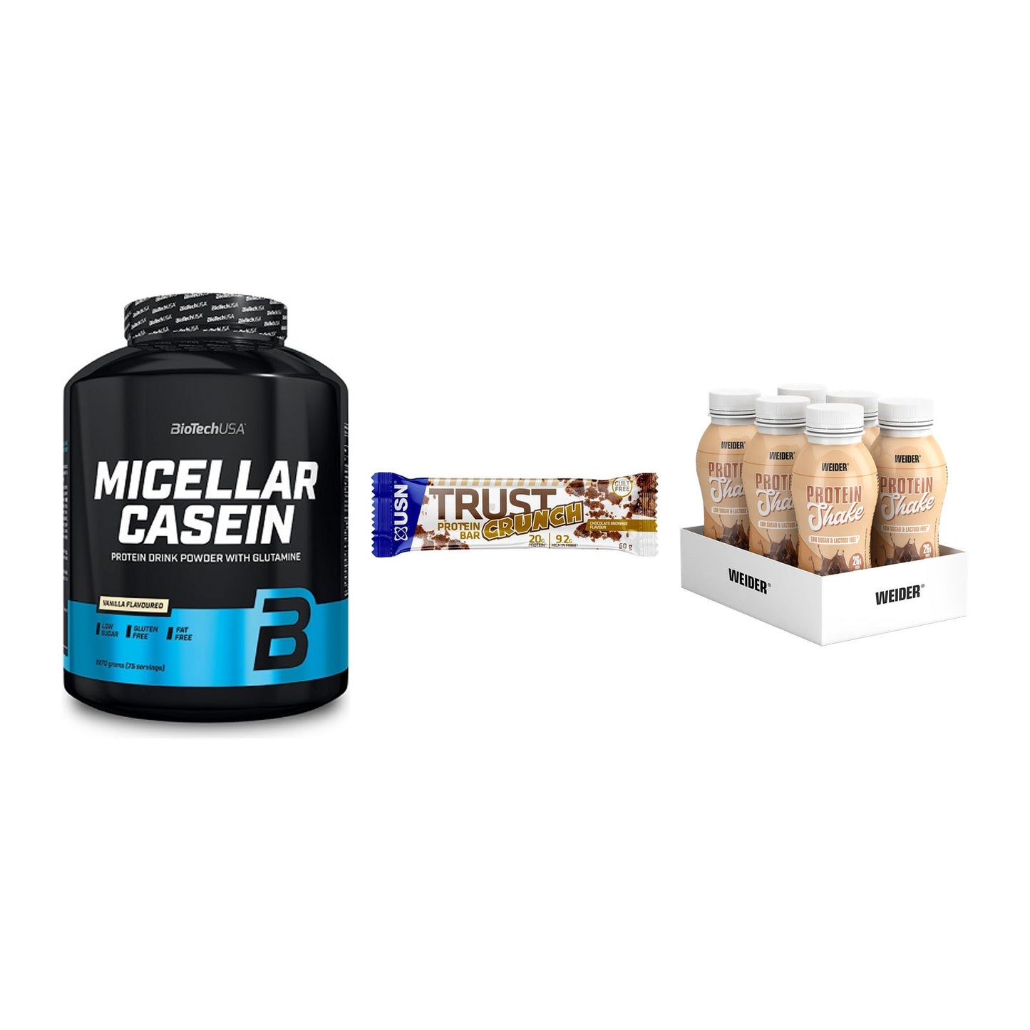 Schokolade Geschmacks-Trio: BioTech + 3× USN TRUST + 2× Weider PROTE – alle enthaltenen Artikel