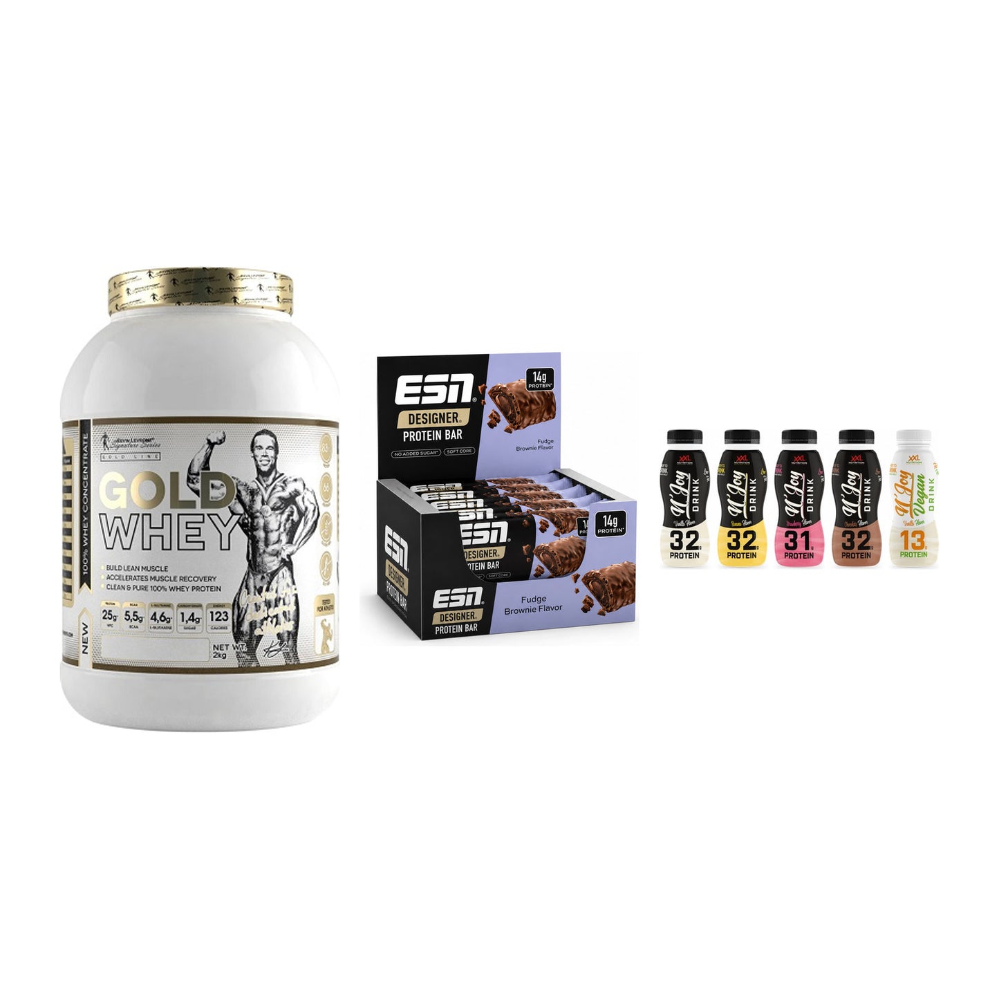 Schokolade Geschmacks-Trio: Kevin Levrone Gold Whey + 2 weitere – alle enthaltenen Artikel