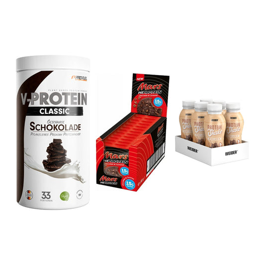 Schokolade Geschmacks-Trio: ProFuel + 3× Mars High + 2× Weider PROTE – alle enthaltenen Artikel