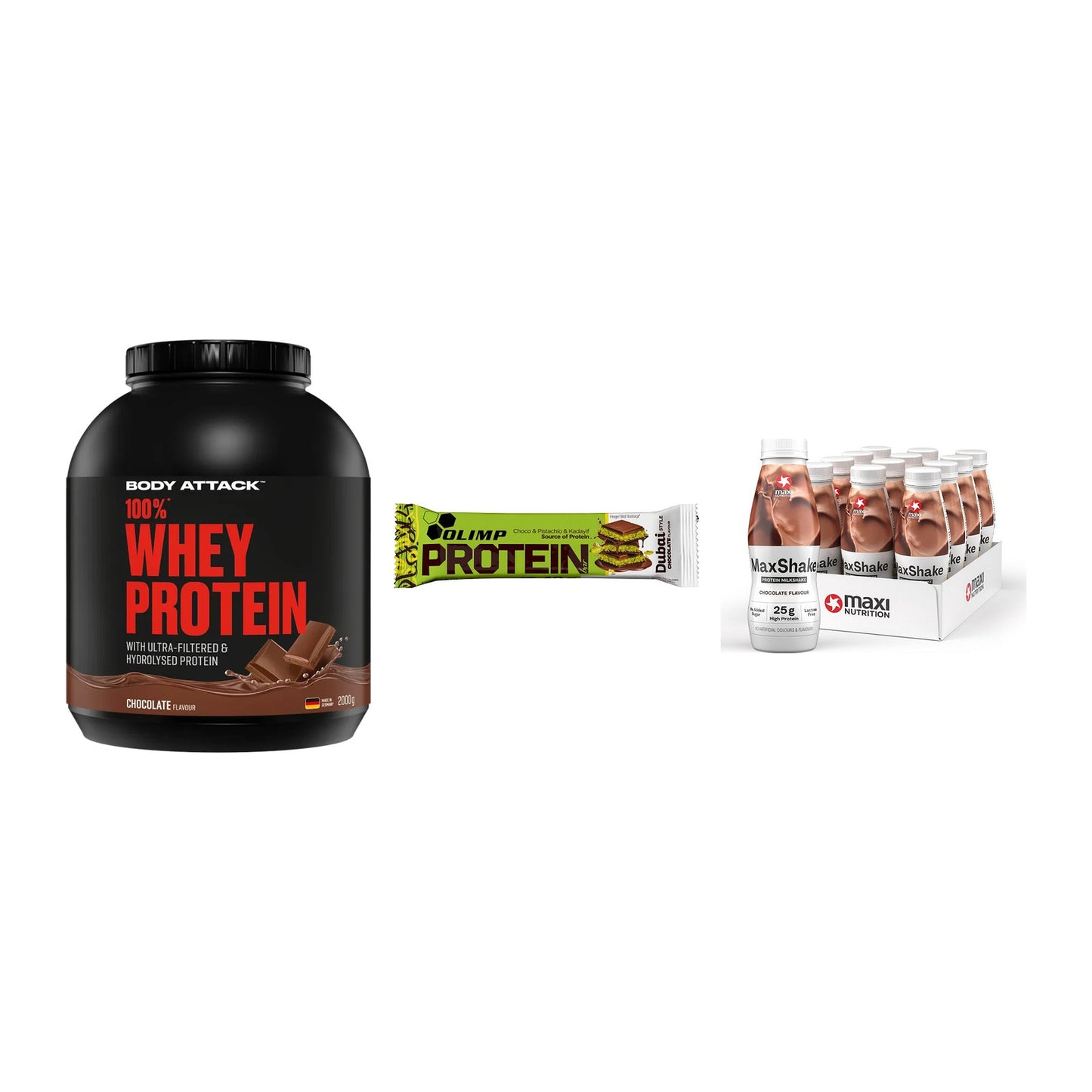 Schokolade Geschmacks-Trio: Body Attack + 3× Olimp Protein + 1 weitere – alle enthaltenen Artikel