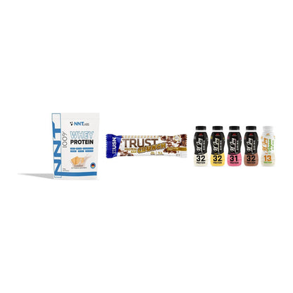 Schokolade Geschmacks-Trio: NNT Whey + 3× USN TRUST + 2× XXL Nutritio – alle enthaltenen Artikel