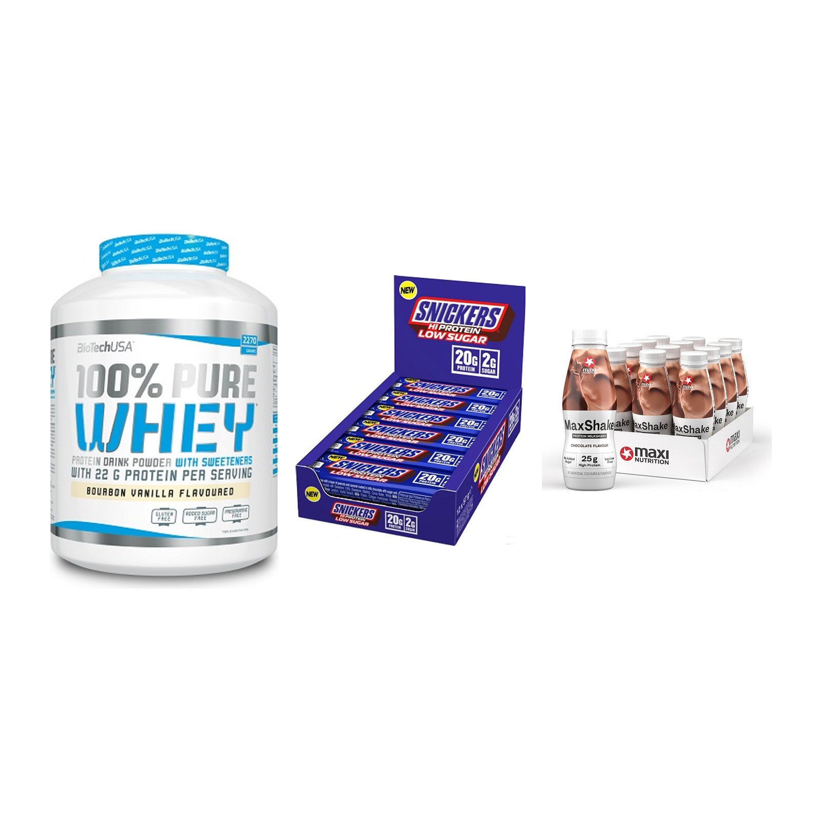 Schokolade Geschmacks-Trio: BioTech 100% + 3× Snickers LOW + 1 weitere – alle enthaltenen Artikel