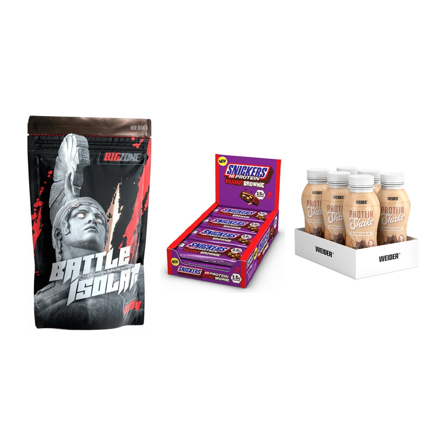 Schokolade Geschmacks-Trio: Big Zone + 3× Snickers + 2× Weider PROTE – alle enthaltenen Artikel