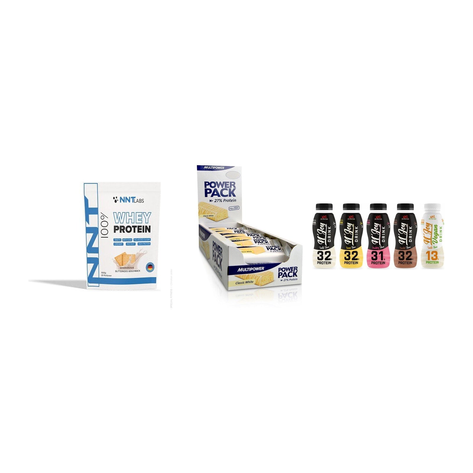 Schokolade Geschmacks-Trio: NNT Whey + 3× Multipower + 2× XXL Nutritio – alle enthaltenen Artikel