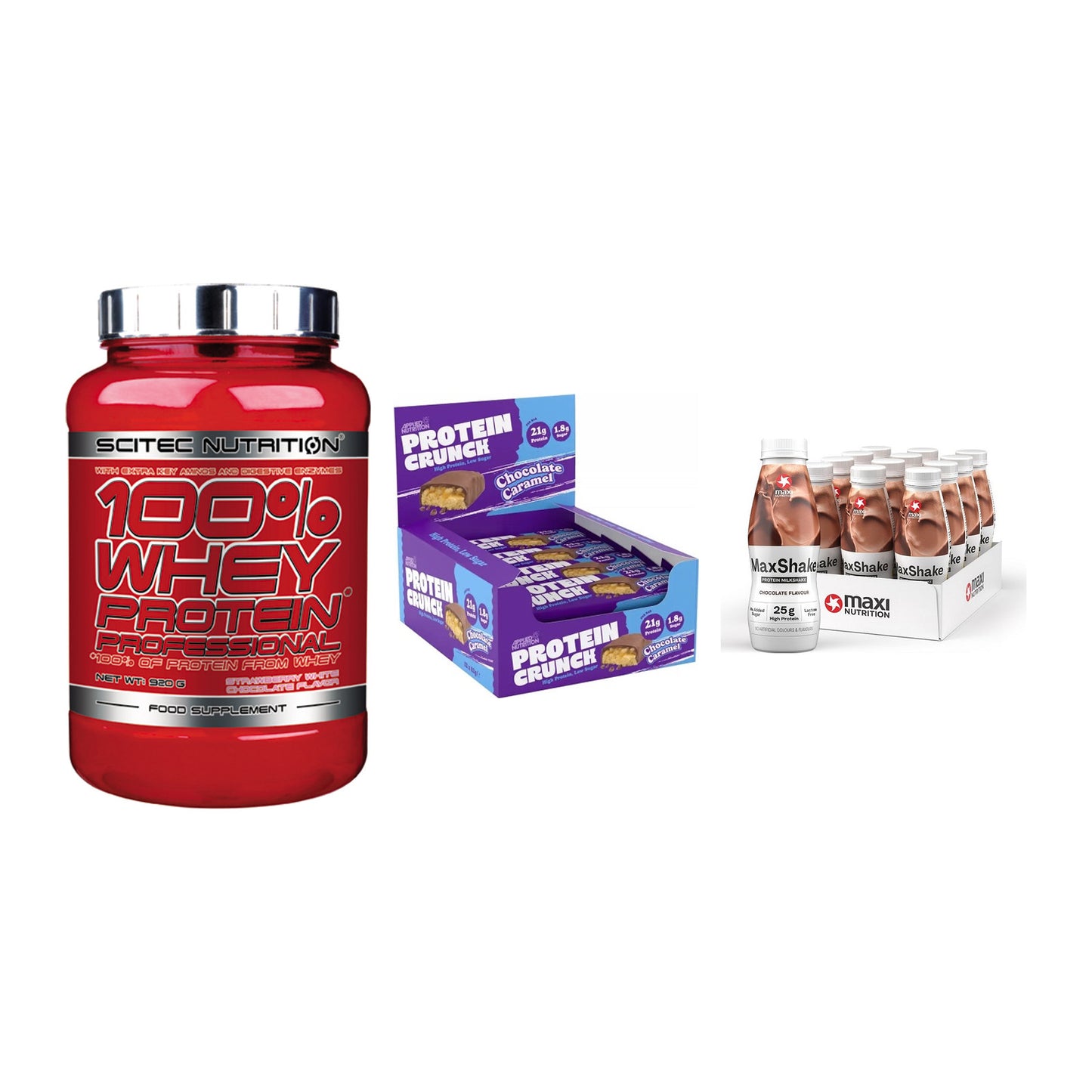 Schokolade Geschmacks-Trio: Scitec 100% + 3× Applied + 2× MaxiNutritio – alle enthaltenen Artikel