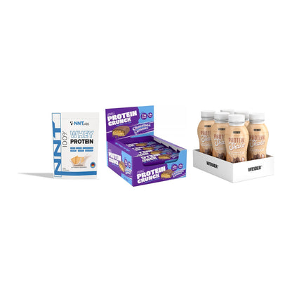 Schokolade Geschmacks-Trio: NNT Whey + 3× Applied + 2× Weider PROTE – alle enthaltenen Artikel