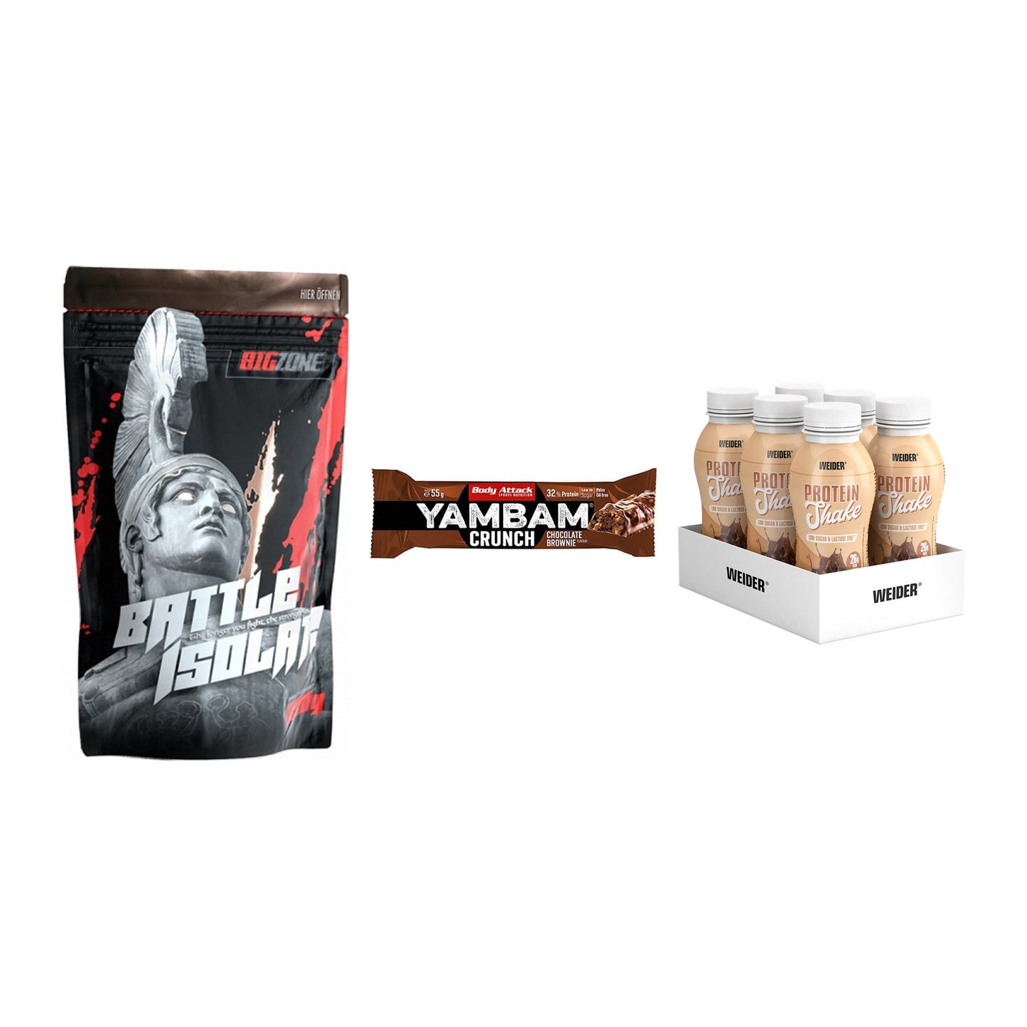 Schokolade Geschmacks-Trio: Big Zone + 3× Body Attack + 1 weitere – alle enthaltenen Artikel