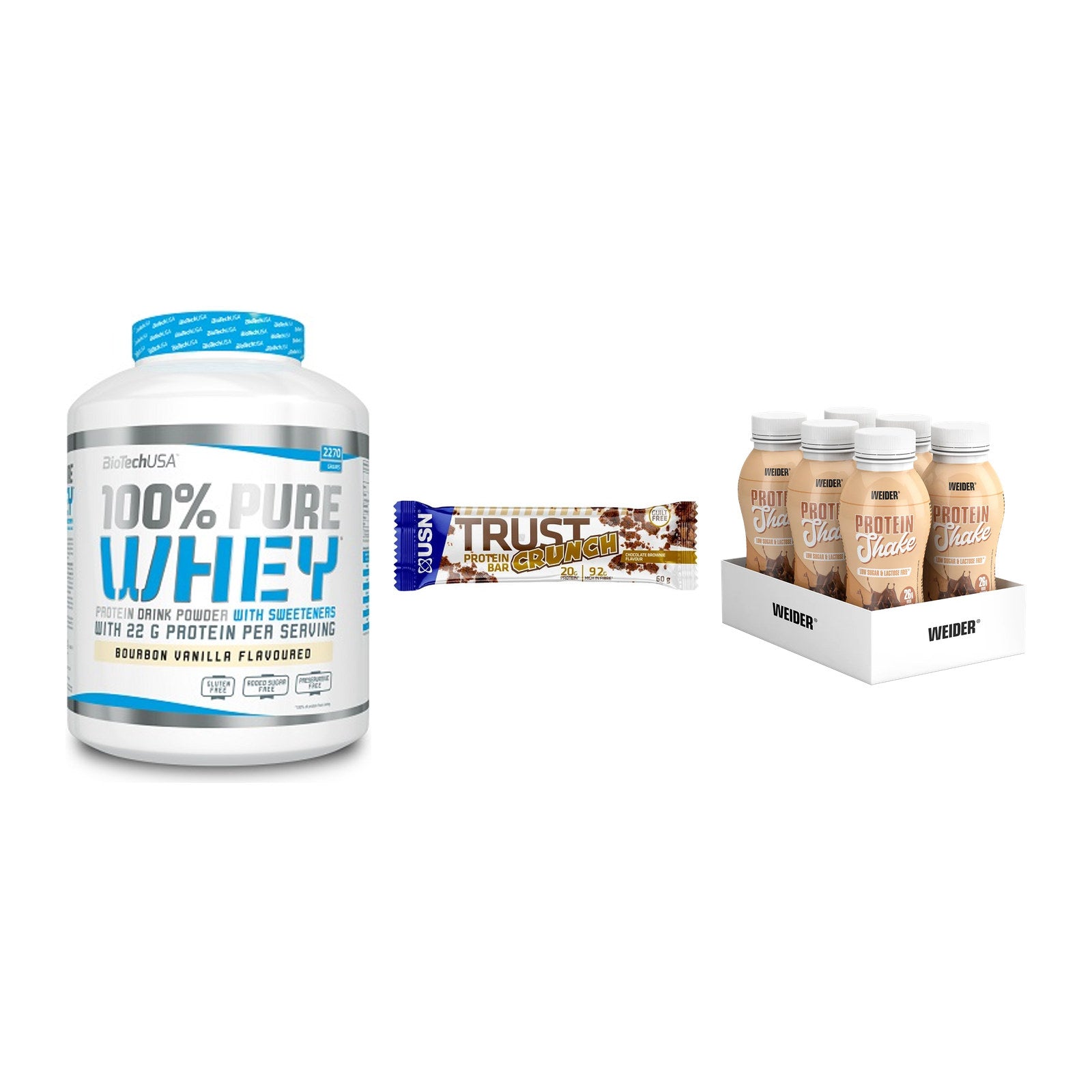 Schokolade Geschmacks-Trio: BioTech 100% + 3× USN TRUST + 1 weitere – alle enthaltenen Artikel