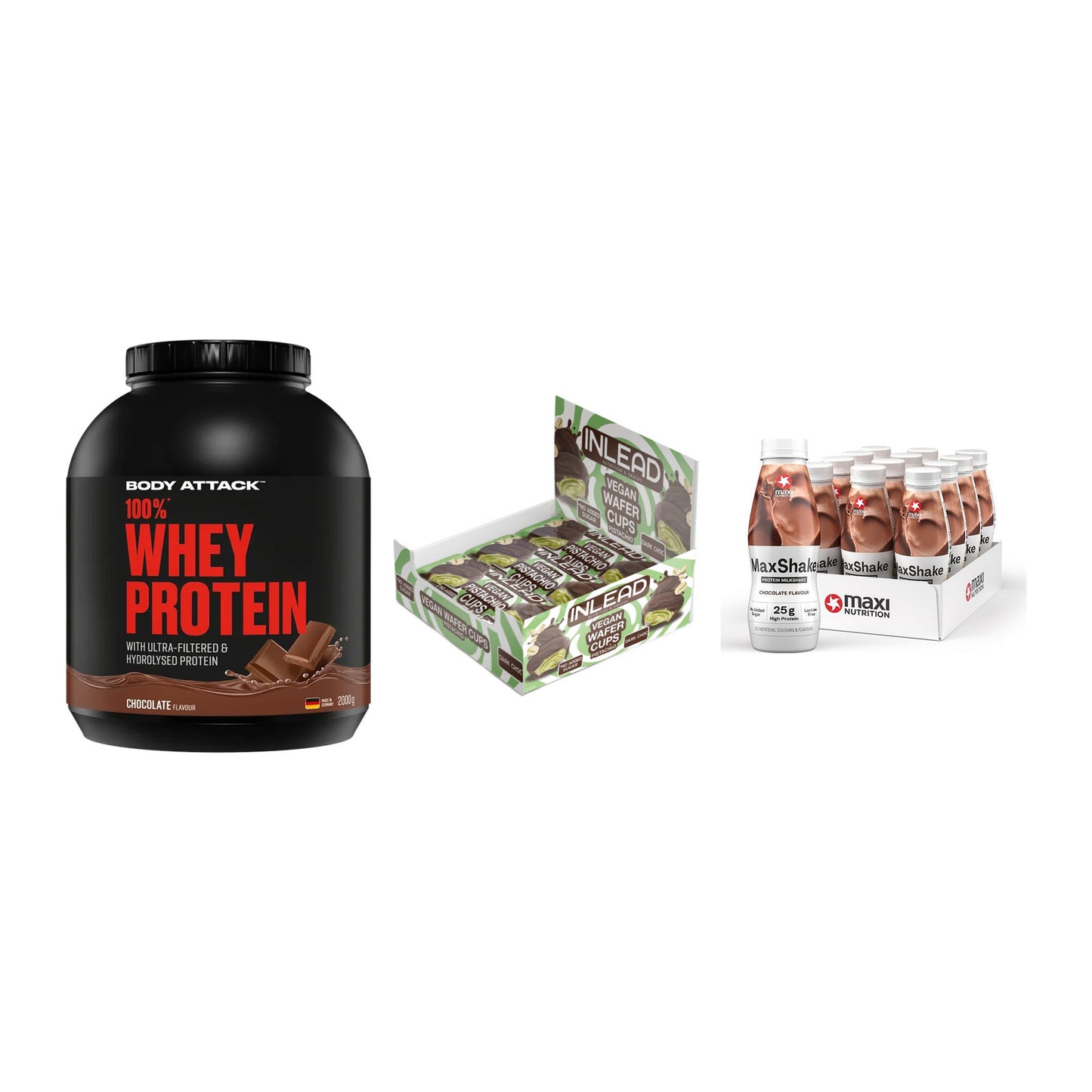 Schokolade Geschmacks-Trio: Body Attack + 3× INLEAD Wafer + 1 weitere – alle enthaltenen Artikel