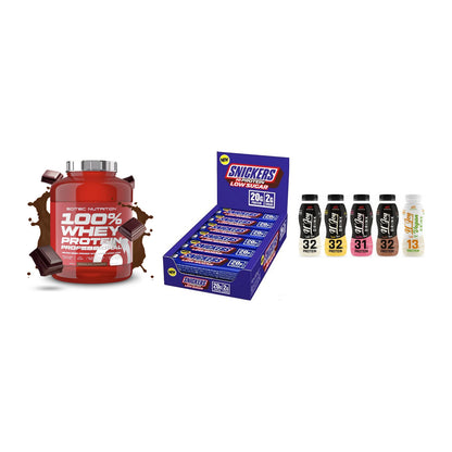 Schokolade Geschmacks-Trio: Scitec 100% + 3× Snickers LOW + 1 weitere – alle enthaltenen Artikel