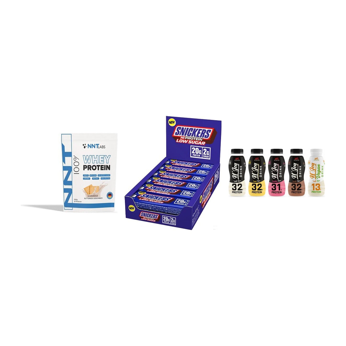 Schokolade Geschmacks-Trio: NNT Whey + 3× Snickers LOW + 1 weitere – alle enthaltenen Artikel