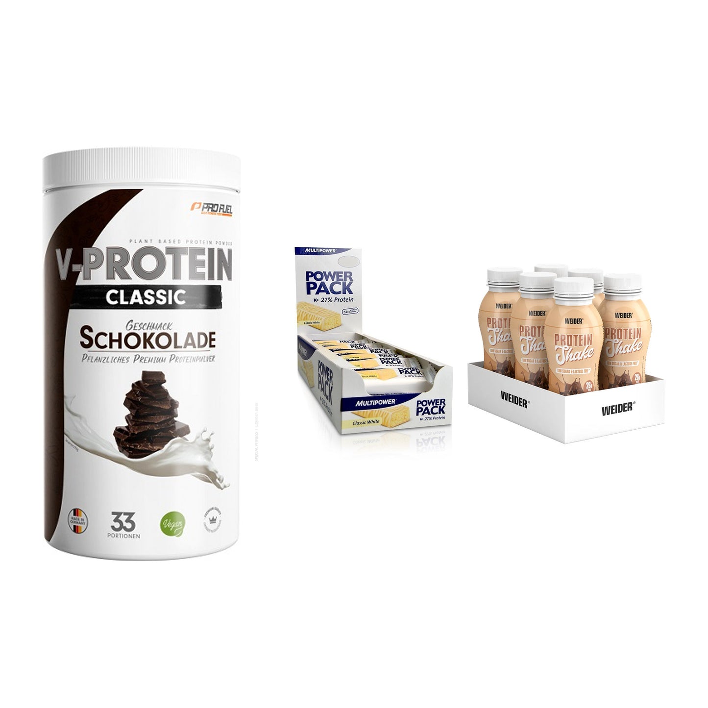 Schokolade Geschmacks-Trio: ProFuel + 3× Multipower + 2× Weider PROTE – alle enthaltenen Artikel