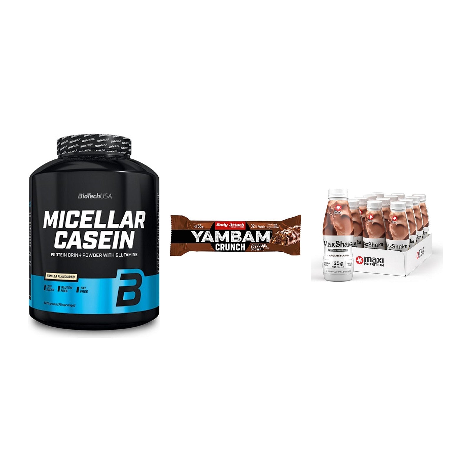 Schokolade Geschmacks-Trio: BioTech + 3× Body Attack + 2× MaxiNutritio – alle enthaltenen Artikel
