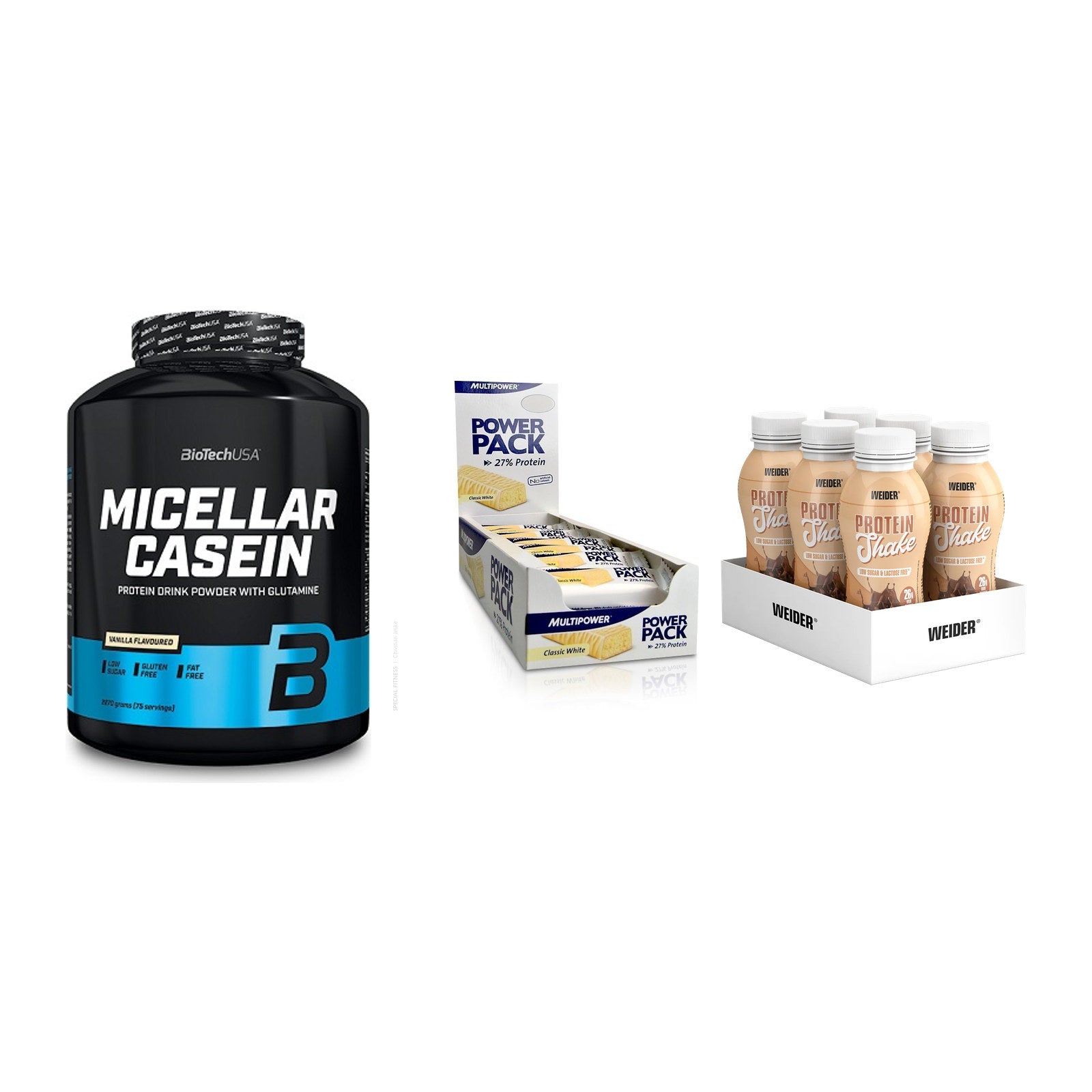 Schokolade Geschmacks-Trio: BioTech + 3× Multipower + 2× Weider PROTE – alle enthaltenen Artikel