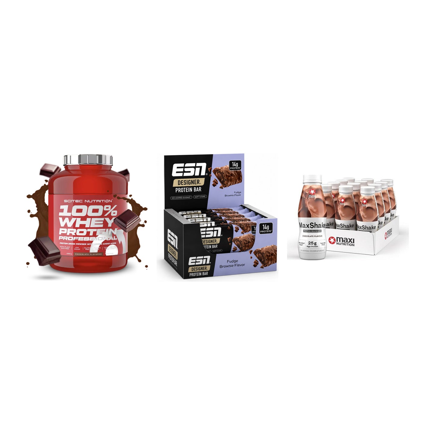 Schokolade Geschmacks-Trio: Scitec 100% + 3× ESN Designer + 1 weitere – alle enthaltenen Artikel