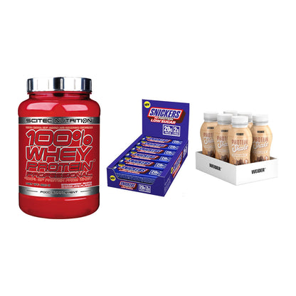 Schokolade Geschmacks-Trio: Scitec 100% + 3× Snickers LOW + 1 weitere – alle enthaltenen Artikel