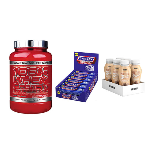 Schokolade Geschmacks-Trio: Scitec 100% + 3× Snickers LOW + 1 weitere – alle enthaltenen Artikel