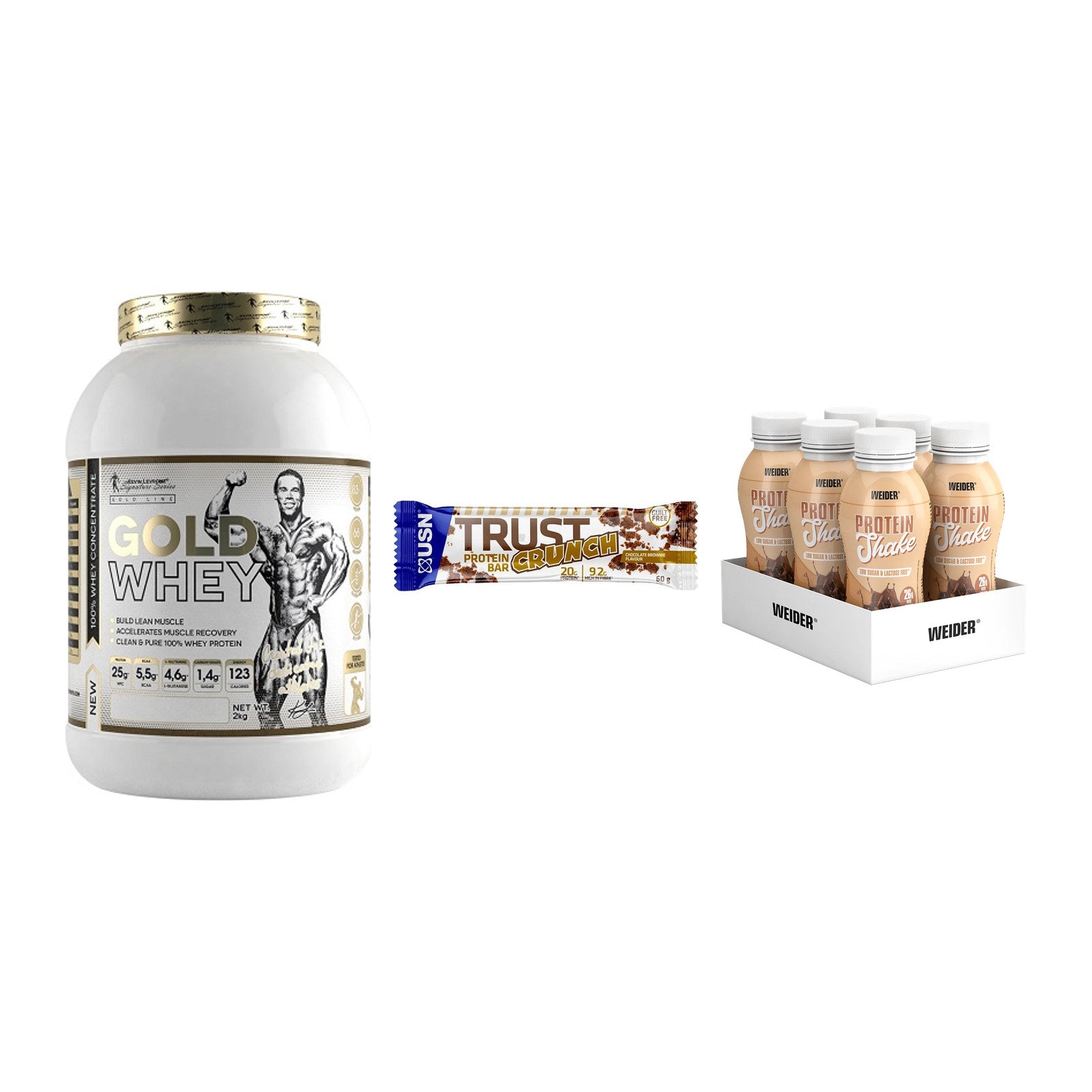 Schokolade Geschmacks-Trio: Kevin Levrone + 3× USN TRUST + 1 weitere – alle enthaltenen Artikel