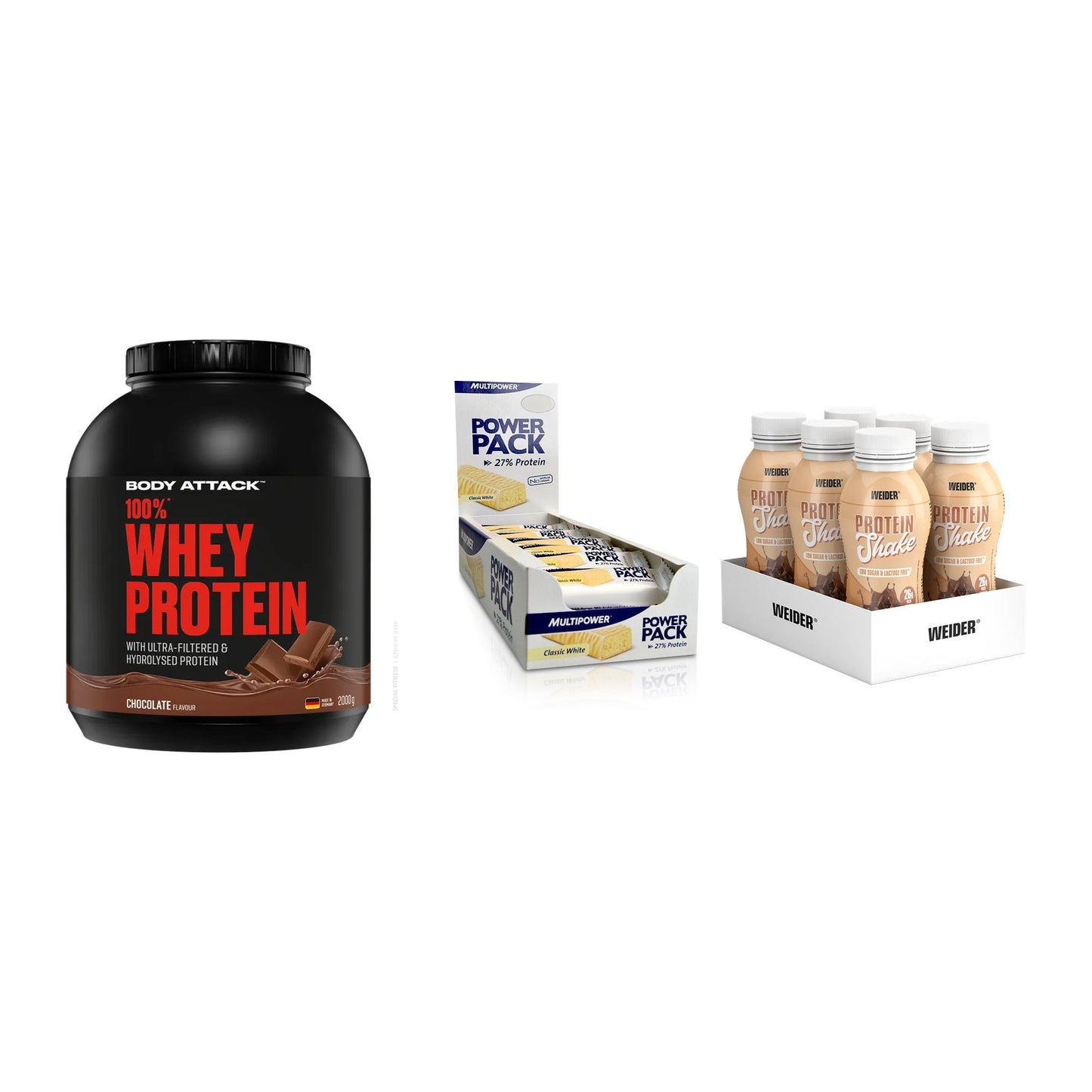 Schokolade Geschmacks-Trio: Body Attack + 3× Multipower + 1 weitere – alle enthaltenen Artikel