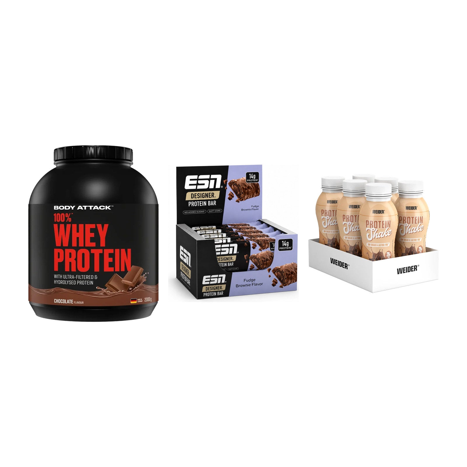 Schokolade Geschmacks-Trio: Body Attack + 3× ESN Designer + 1 weitere – alle enthaltenen Artikel