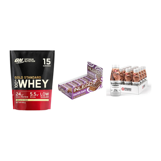 Schokolade Geschmacks-Trio: ON Whey Gold + 3× INLEAD Wafer + 1 weitere – alle enthaltenen Artikel