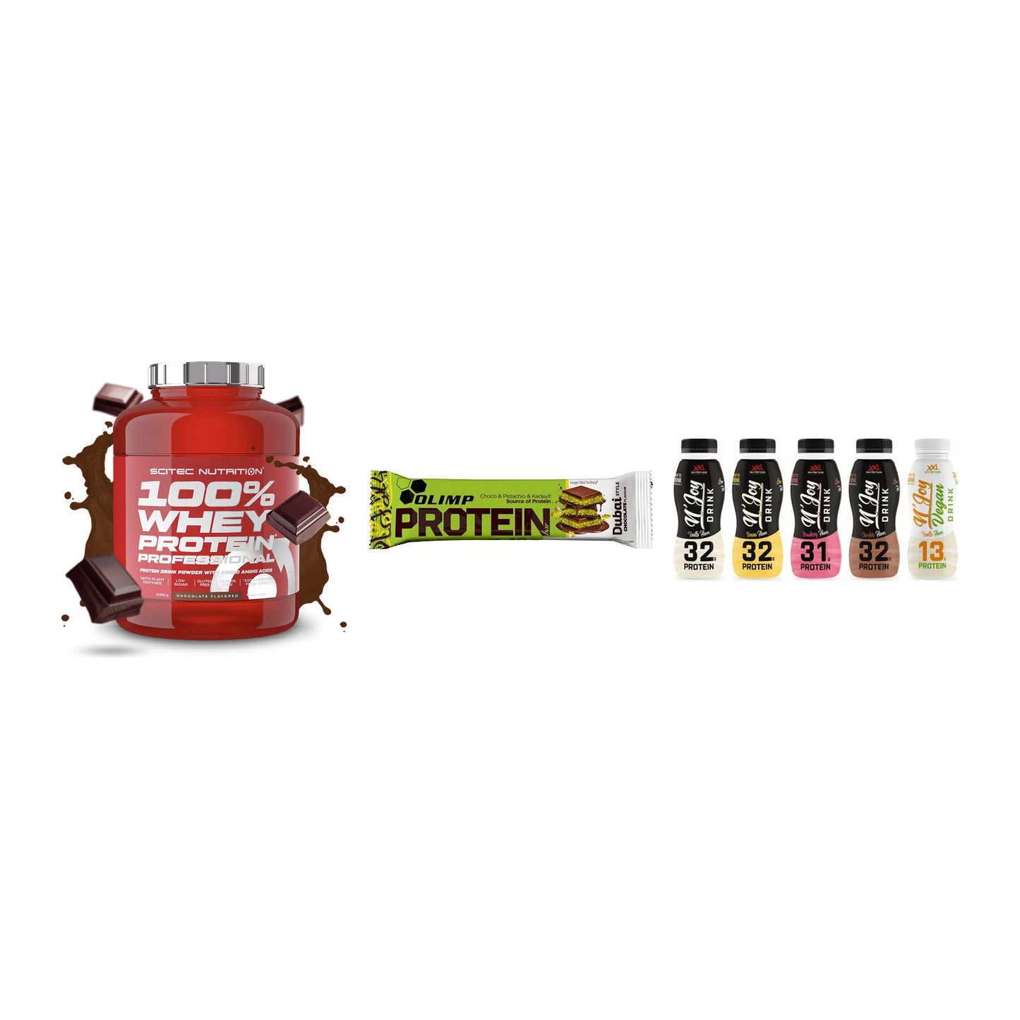 Schokolade Geschmacks-Trio: Scitec 100% + 3× Olimp Protein + 1 weitere – alle enthaltenen Artikel
