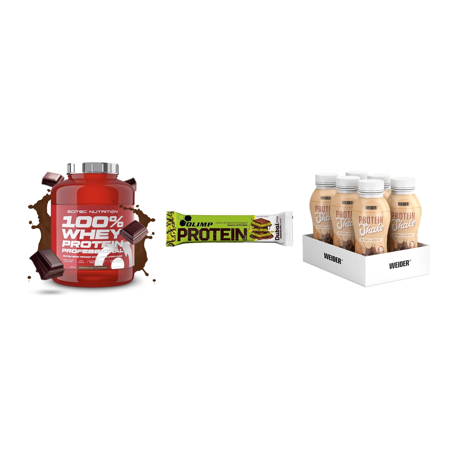 Schokolade Geschmacks-Trio: Scitec 100% + 3× Olimp Protein + 1 weitere – alle enthaltenen Artikel