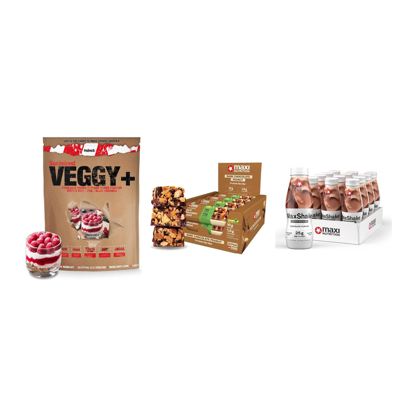 Schokolade Geschmacks-Trio: Sinob VEGGY + 3× MaxiNutrition + 1 weitere – alle enthaltenen Artikel