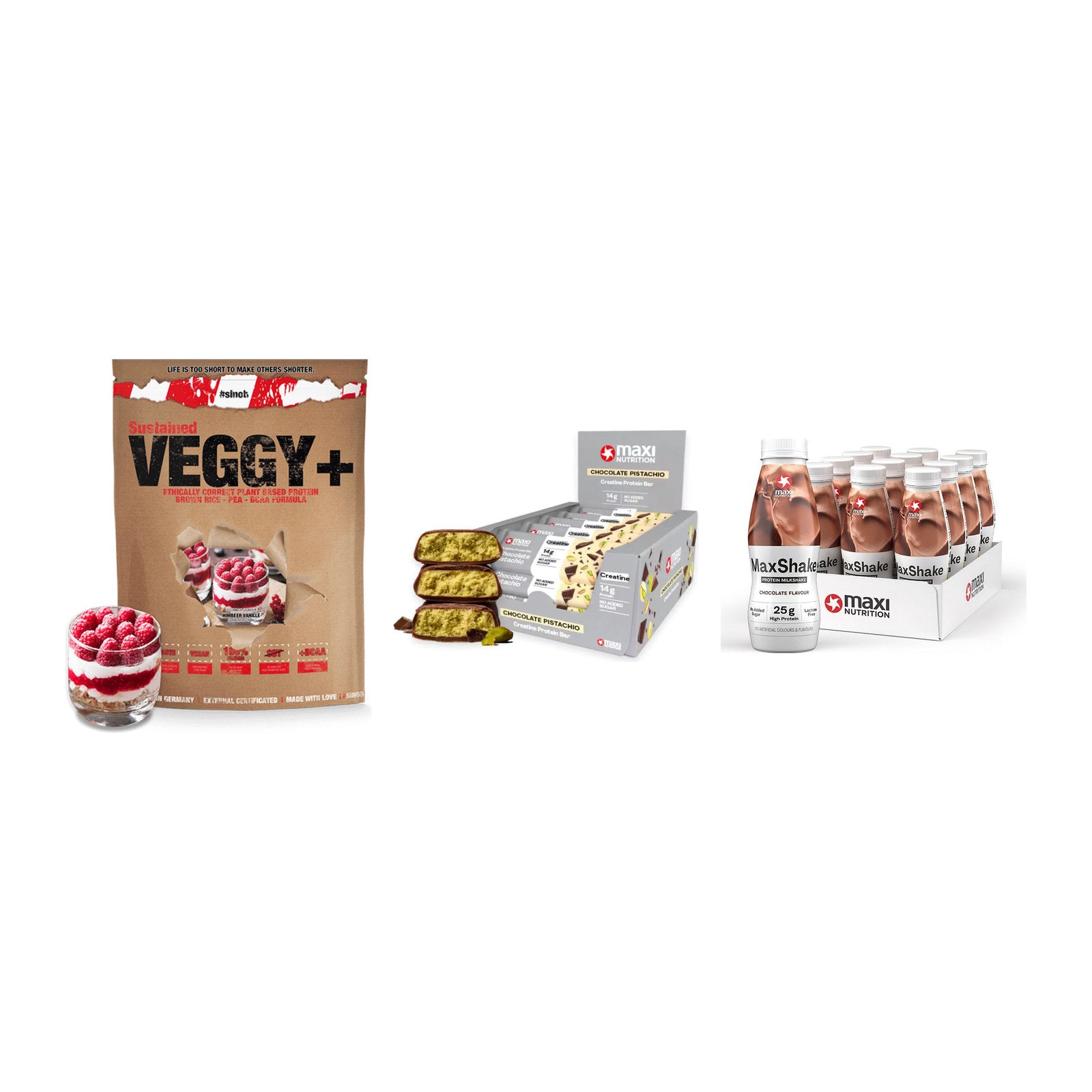 Schokolade Geschmacks-Trio: Sinob VEGGY + 3× MaxiNutrition + 1 weitere – alle enthaltenen Artikel