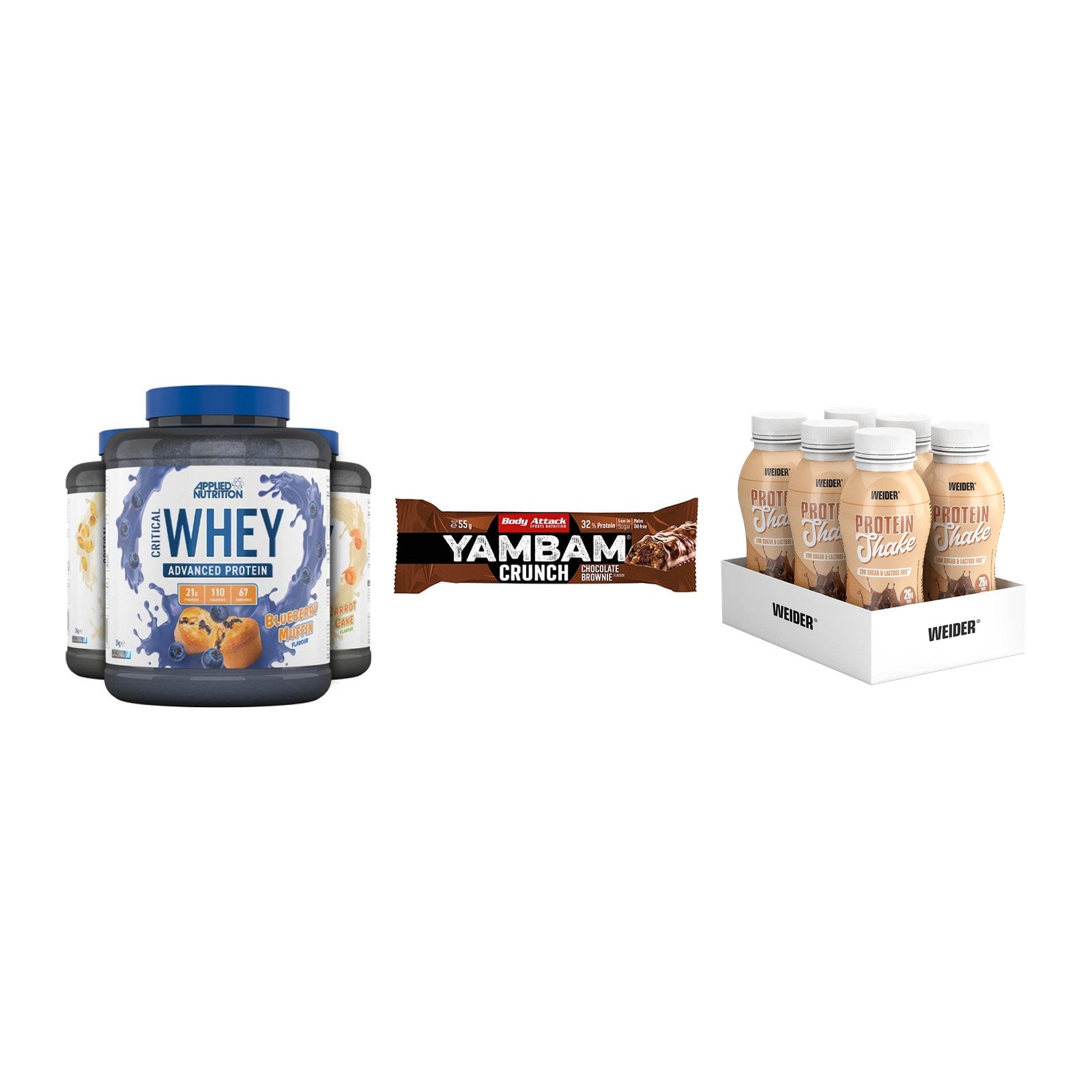 Schokolade Geschmacks-Trio: Applied + 3× Body Attack + 2× Weider PROTE – alle enthaltenen Artikel