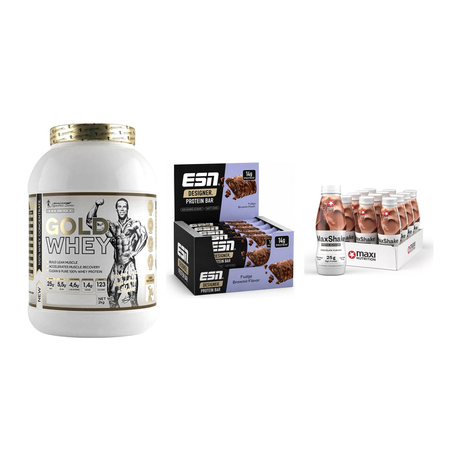 Schokolade Geschmacks-Trio: Kevin Levrone Gold Whey + 2 weitere – alle enthaltenen Artikel