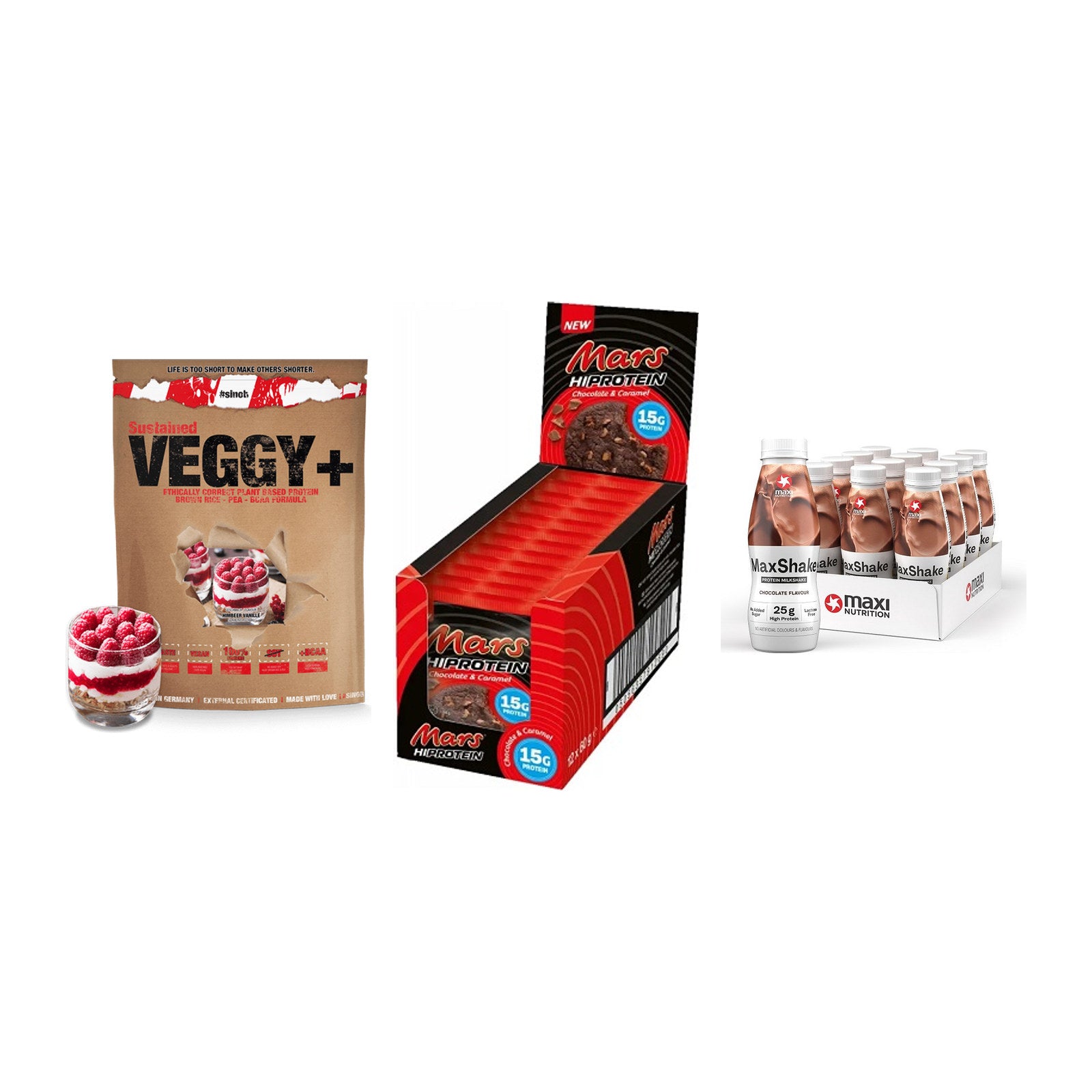 Schokolade Geschmacks-Trio: Sinob VEGGY + 3× Mars High + 1 weitere – alle enthaltenen Artikel