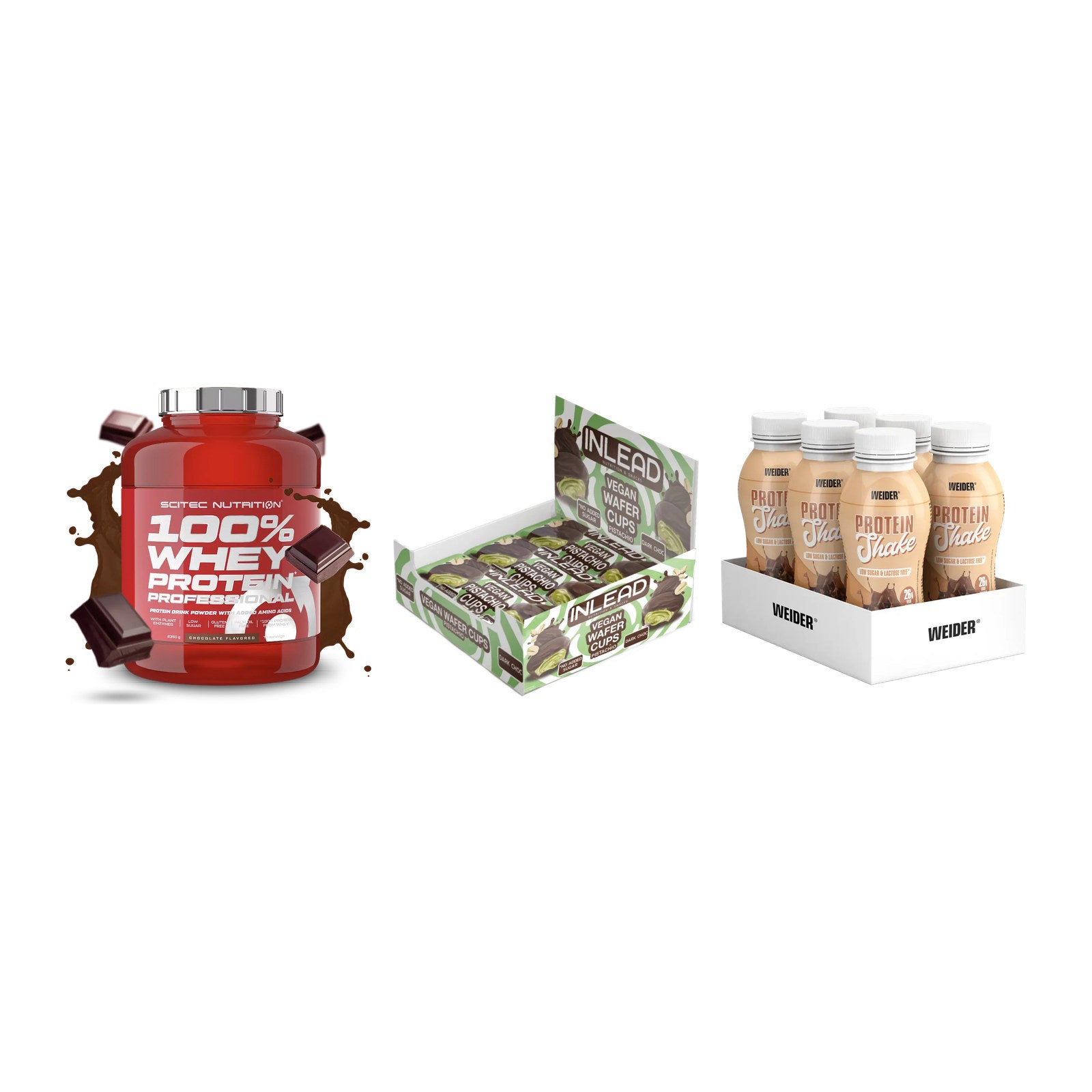 Schokolade Geschmacks-Trio: Scitec 100% + 3× INLEAD Wafer + 1 weitere – alle enthaltenen Artikel