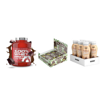 Schokolade Geschmacks-Trio: Scitec 100% + 3× INLEAD Wafer + 1 weitere – alle enthaltenen Artikel