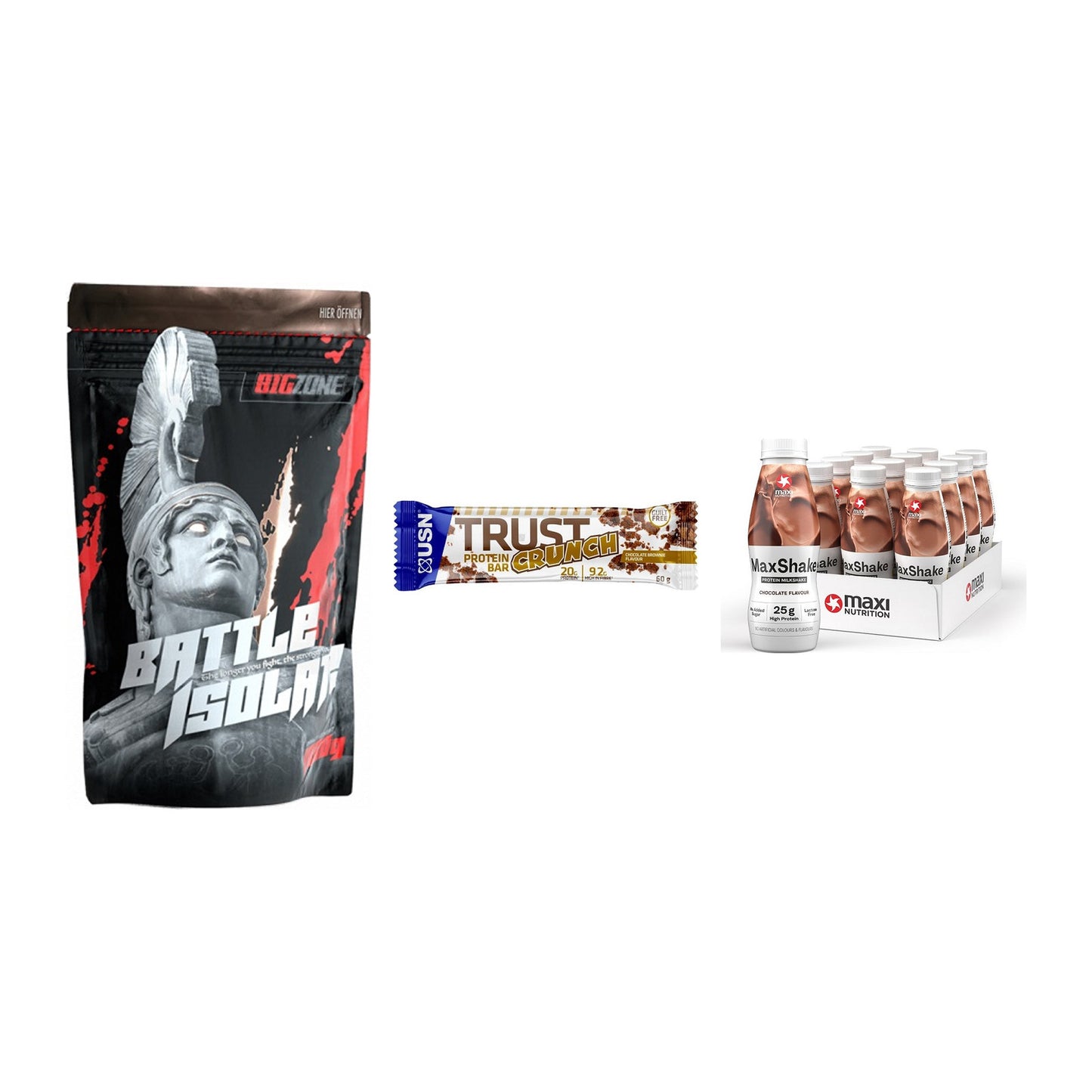 Schokolade Geschmacks-Trio: Big Zone + 3× USN TRUST + 2× MaxiNutritio – alle enthaltenen Artikel