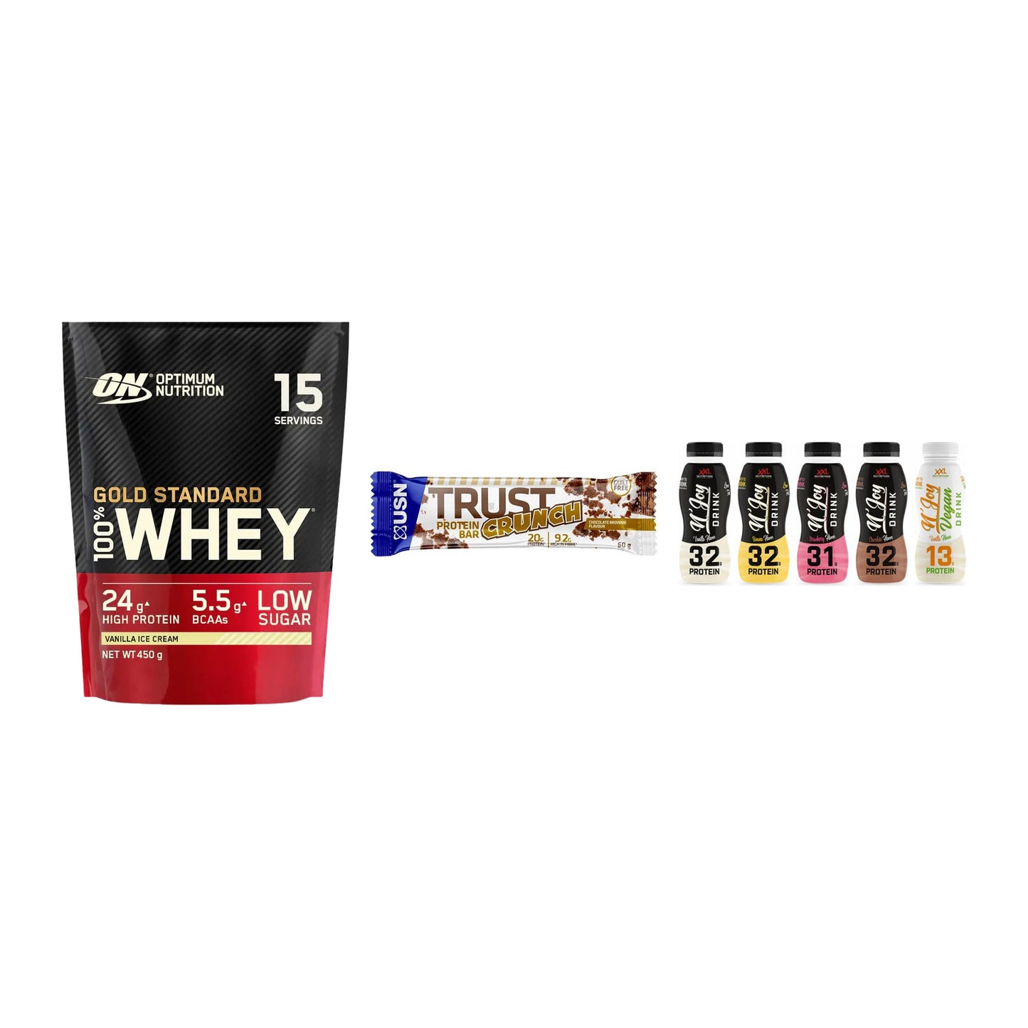 Schokolade Geschmacks-Trio: ON Whey Gold + 3× USN TRUST + 1 weitere – alle enthaltenen Artikel