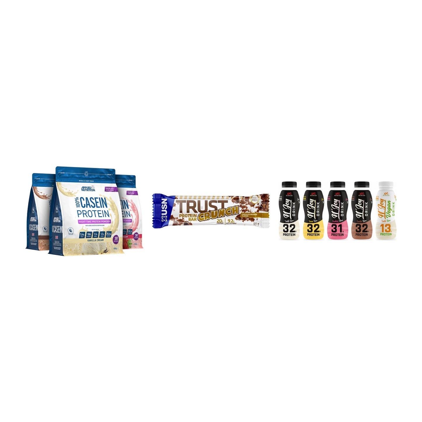 Schokolade Geschmacks-Trio: Applied + 3× USN TRUST + 2× XXL Nutritio – alle enthaltenen Artikel