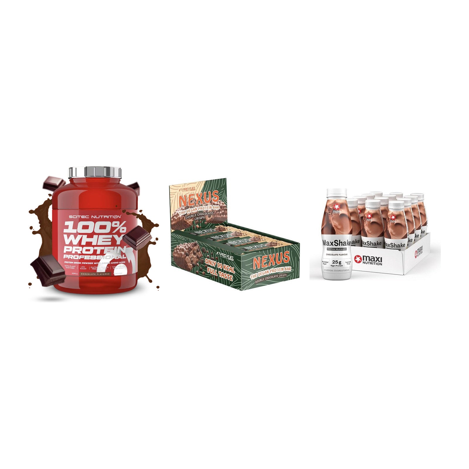 Schokolade Geschmacks-Trio: Scitec 100% + 3× ProFuel + 2× MaxiNutritio – alle enthaltenen Artikel