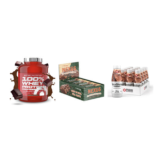 Schokolade Geschmacks-Trio: Scitec 100% + 3× ProFuel + 2× MaxiNutritio – alle enthaltenen Artikel